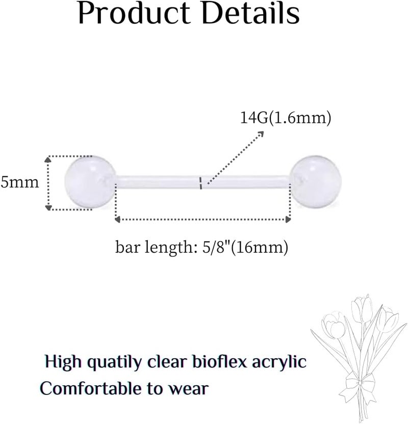 FECTAS 14G Plastic Nipple Rings for Surgery Plastic Tongue Rings Bioflex Flexible Acrylic Piercing Retainer 5 Pairs 14/16/18mm - Image 2